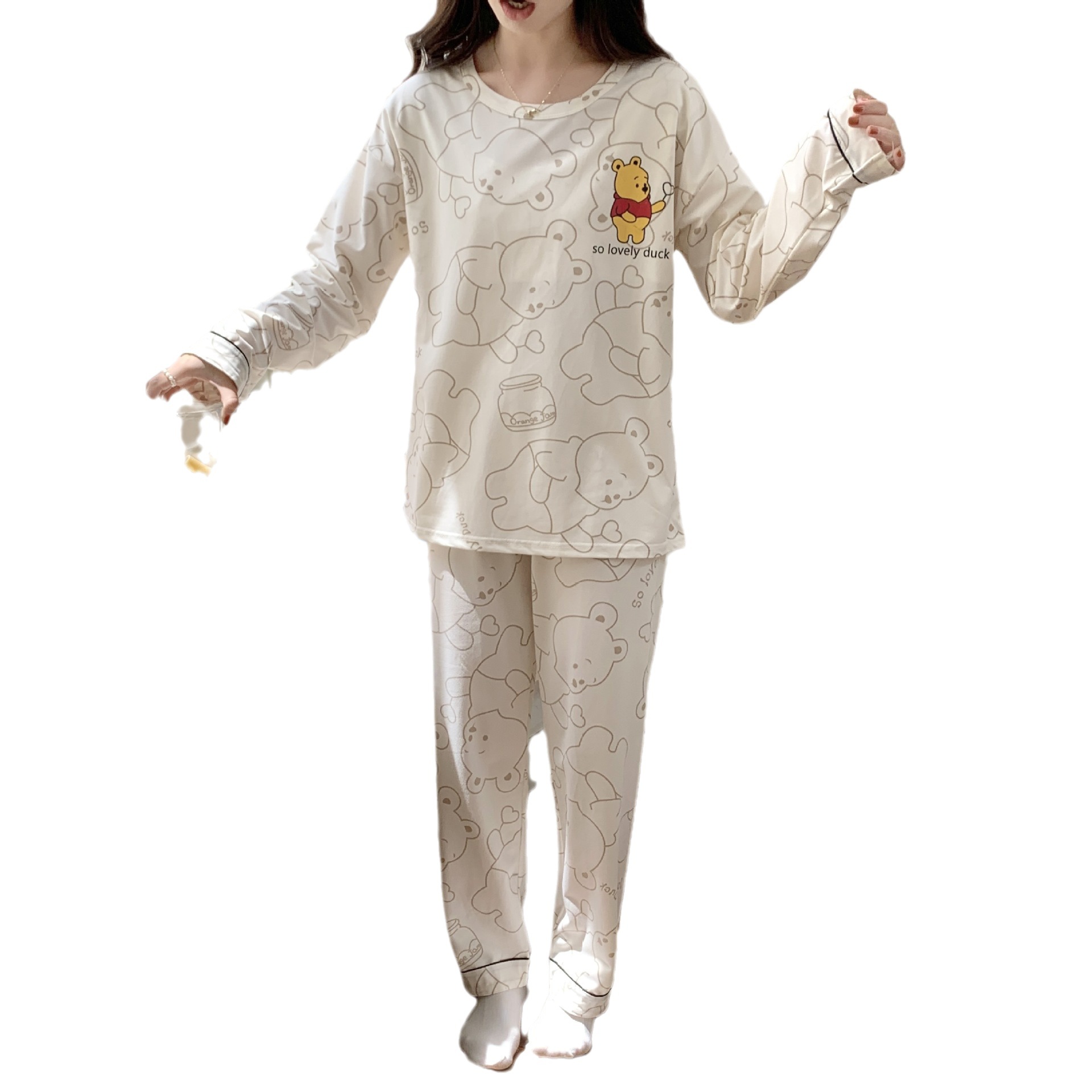 Estilo simple japonés pijamas chica de algodón-como cuello redondo de manga larga de otoño e invierno con almohadilla en el pecho dulce Winnie the Pooh traje de desgaste para el hogar