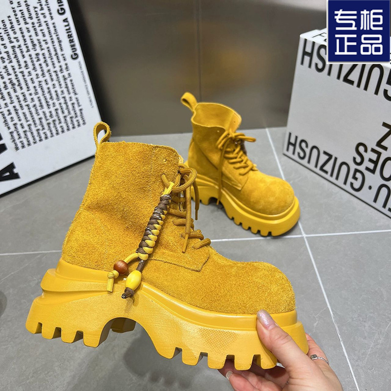 Martin Boots for Women, Trendy on Instagram, Large Toe, Suede Soft Leather, Tassel, Yellow Boots, Motorcycle Boots, Petite, 7cm, Slimming Women's Shoes