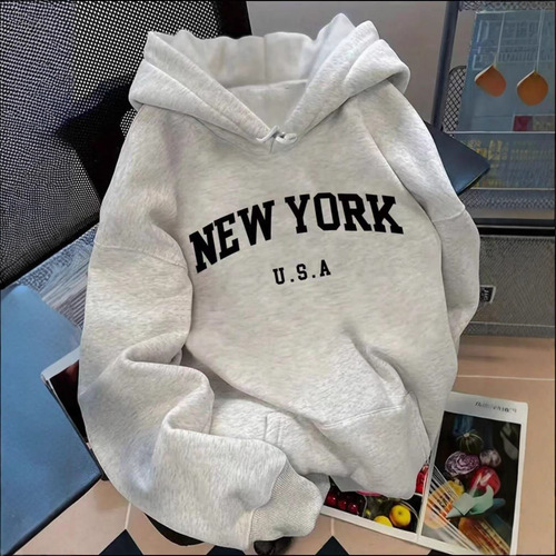 Vintage American Letter Print Medium-Sleeve Hooded Sweatshirt Coat Loose and Versatile Women's Autumn Top
