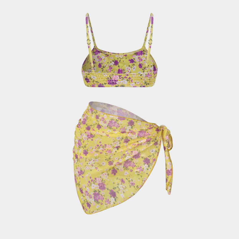Women's Split Bikini Three-piece Swimsuit Floral Beach Wrap Set_voghion.com