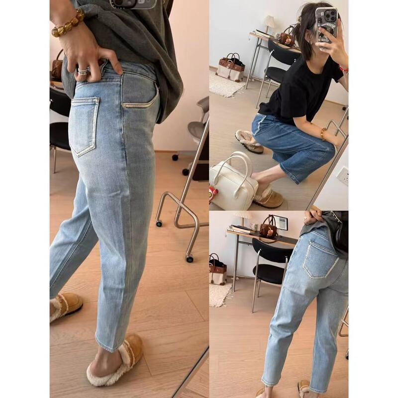 Smoke tube pants 24 spring and autumn skin-friendly high elastic cotton and ankle jeans slim straight leg G0724N
