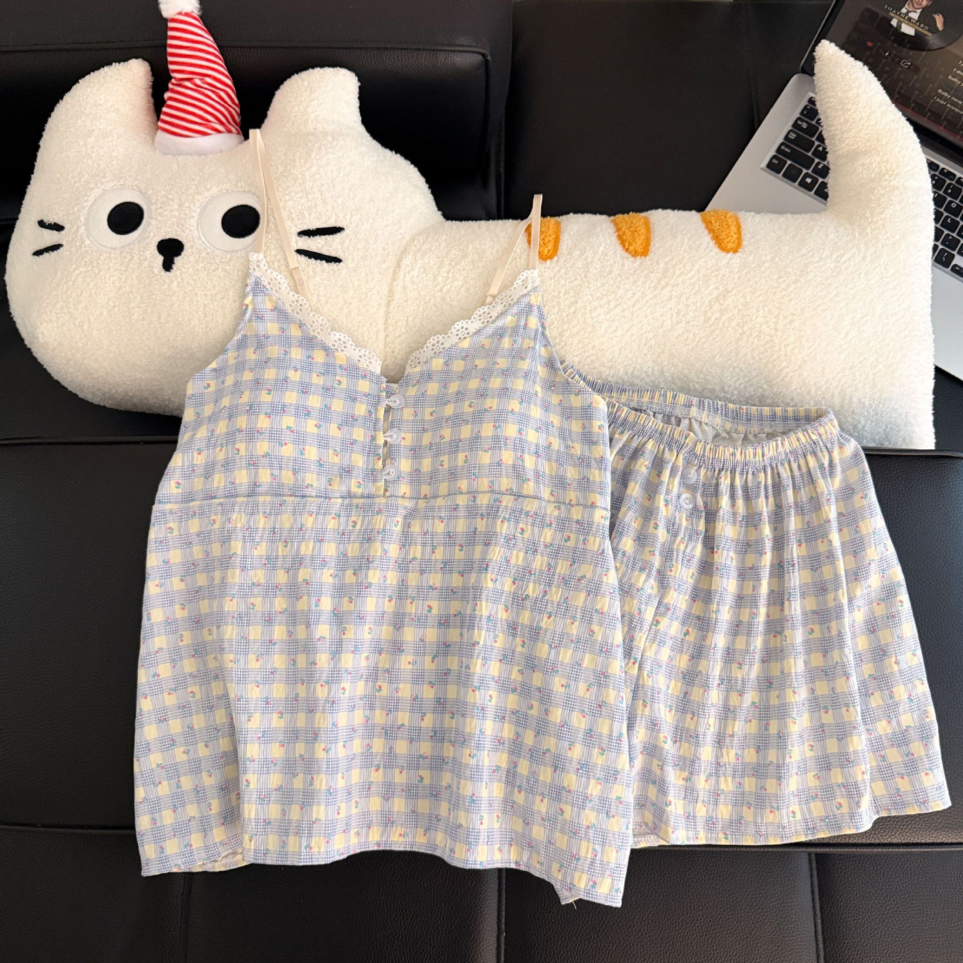 Pantalones cortos con cojín de pecho al por mayor transfronterizo pijamas de verano nuevo algodón nublado dulce conjunto de ropa de casa a cuadros