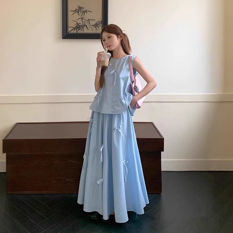 Fashionable Set with Unique Three-Dimensional Bow Vest and High-Waisted A-Line Skirt for Women, Summer Two-Piece Outfit