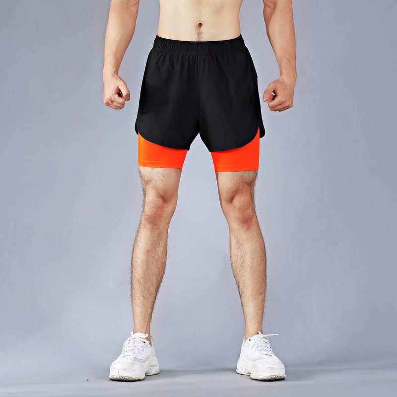 Reflective strip back pocket men's sports shorts fake two-piece elastic band running fitness pants sprint marathon pants