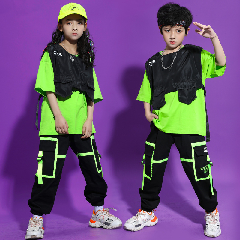 Children girls boy green with black jazz dance hip-hop costumes loose  waistcoat street rapper gogo dancers suit model show wear