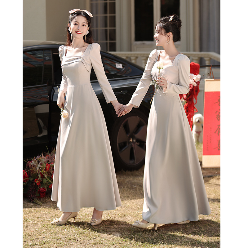 Long-Sleeved Bridesmaid Dresses 2026 New Spring Style Satin Dresses for Petite Women with a High-End Feel That Can Be Worn Casually