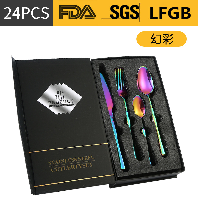 Amazon transfronteriza suministro de vajilla de acero inoxidable 24 piezas traje de cintura pequeña 4 piezas caja de regalo cuchillo, tenedor y cuchara traje