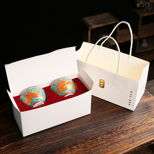 Enamel Dragon and Phoenix Pair of Cups Gift Box, Court Style Ceramic Gongfu Tea Set, Large Host Cups, Home Use Tea Cups and Tea Bowls
