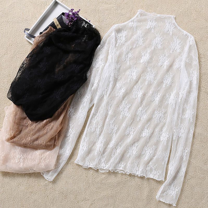 Lace Bottoming Shirt for Women, Long-Sleeved Shirt, See-Through Tulle High-Neck Transparent Shirt with Fairy Mesh Top Inside