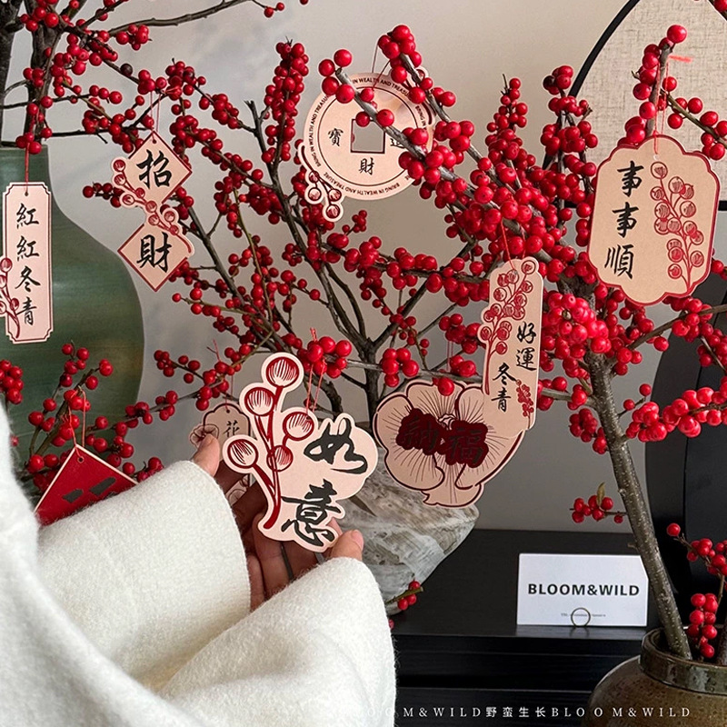 Tarjetas de elevación de estilo chino de hibisco en forma de Año Nuevo decoración tarjetas de elevación de barril de decoración de primavera atmósfera diy pequeños colgantes