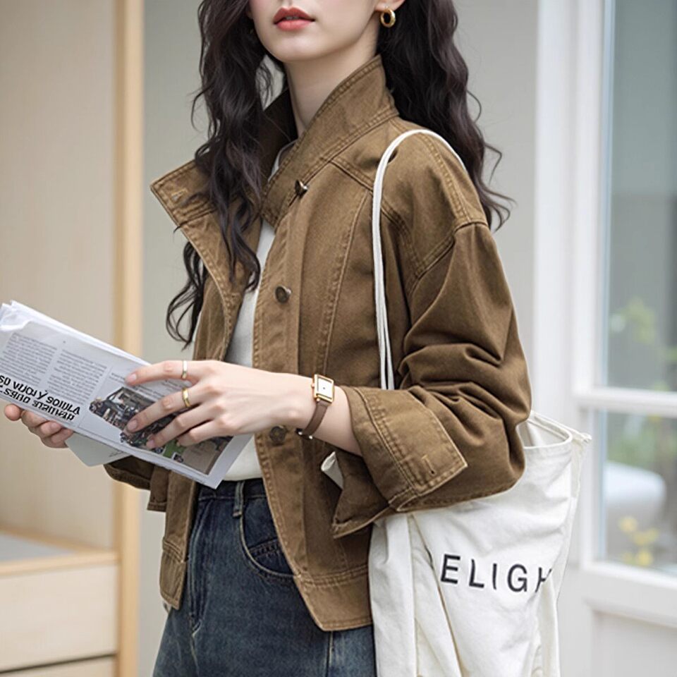 Áo khoác denim ngắn dáng rộng cổ polo cho nữ, dài tay, phong cách giản dị — Áo khoác bò dài tay, Màu nâu (trà nâu), màu xanh chi tiết 36