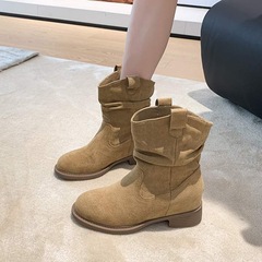 软皮版~法式复古褶皱粗跟堆堆靴女2025秋冬新款显瘦西部牛仔短靴