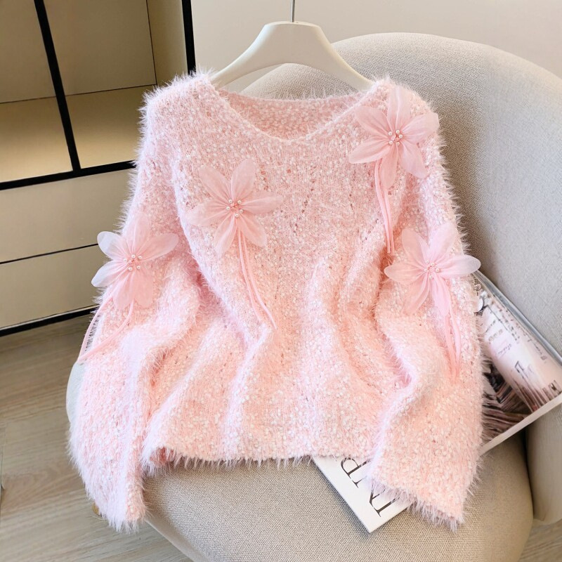 Imitation Mink Velvet Soft and Waxy V-Neck Pullover Knitted Sweater for Women, Autumn and Winter Fashionable French Design Beaded Flower Top