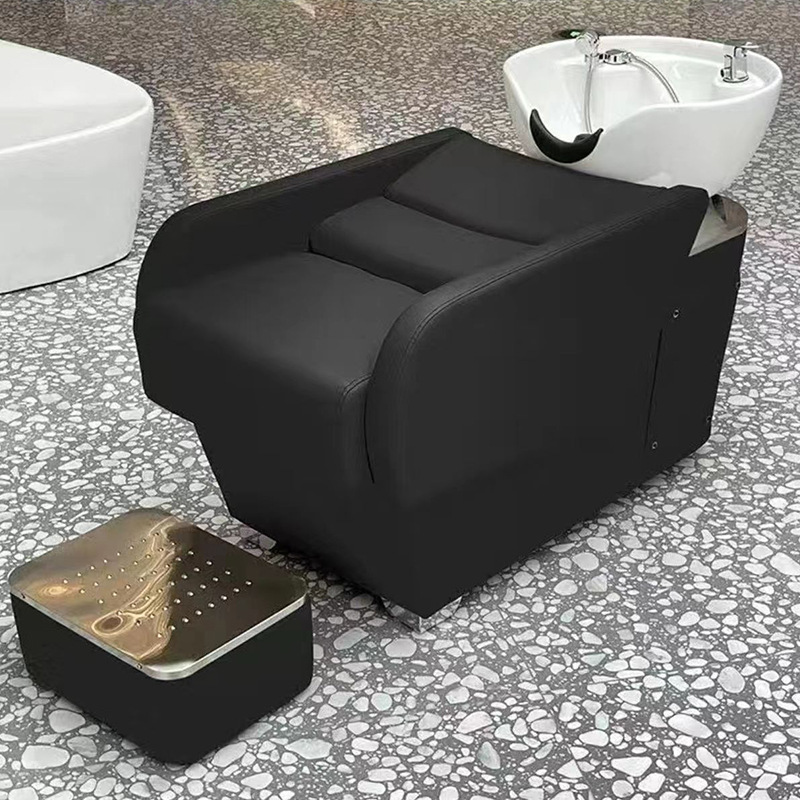 Cama de Champú Semi-reclinable para Salones de Belleza con Lavabo de Cerámica y Masaje de Pies, Sofá de Champú Semi-reclinable para Barberías