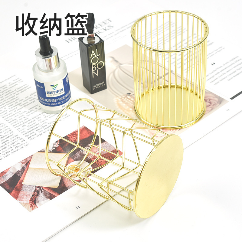 メーカー卸売り鉄芸筆立て家庭用眉筆化粧ブラシ収納かごデスクトップ文房具整理透かし収納桶|undefined