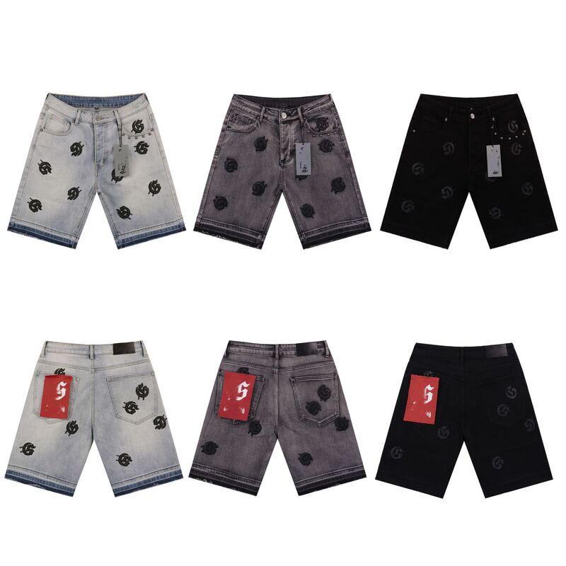 Cross-Border Foreign Trade Trendy Brand Denim Shorts Letter Embroidered Leather Patch Loose Casual Sports Shorts Five-Quarter Pants for Men