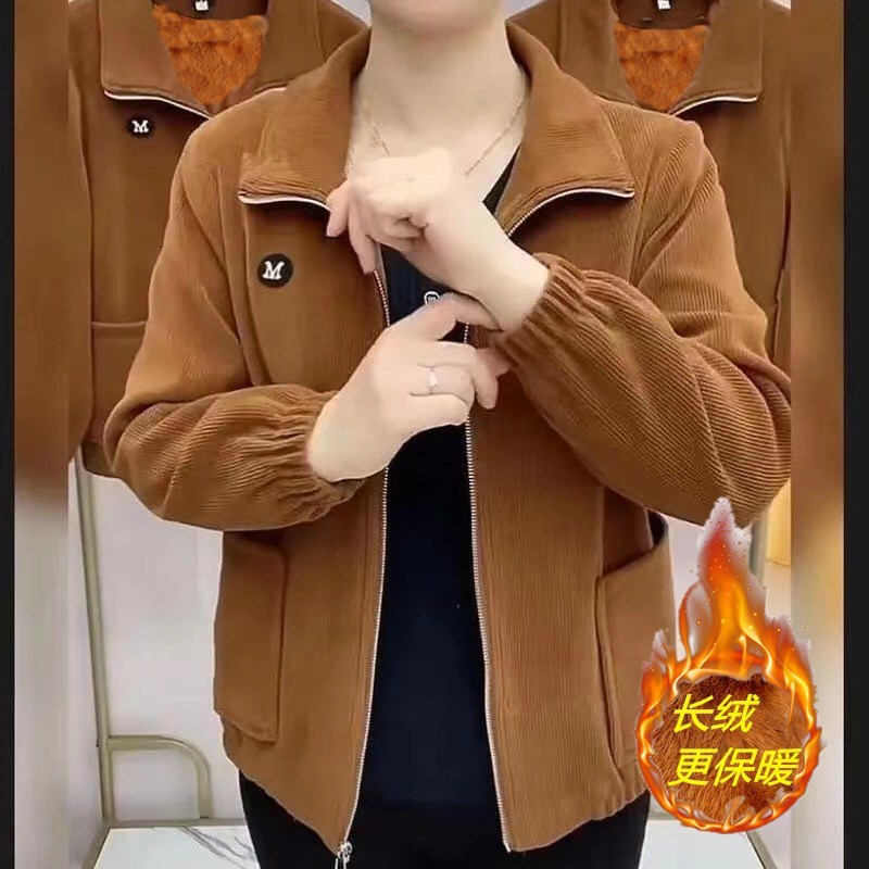 fleece-lined Thickened Mother Jacket Zipper Corduroy Long-sleeved Jacket for Autumn and Winter Middle-aged and Elderly Top Loose Casual Solid Color