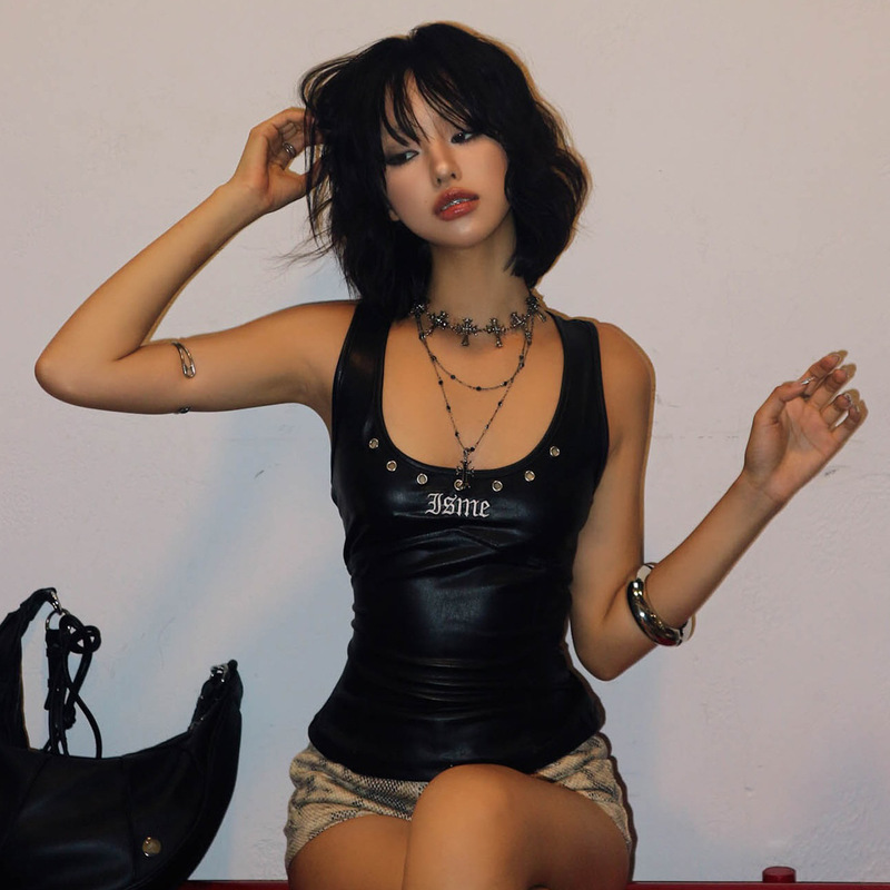 小众风工装机能X型美背PU皮背心鸡眼打孔设计感休闲辣妹个性女装|undefined