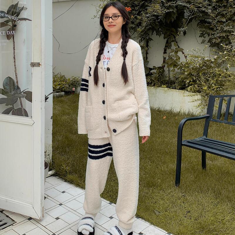 秋冬季半边绒情侣睡衣女加绒加厚R字开衫高级感舒适毛绒家居服男|undefined