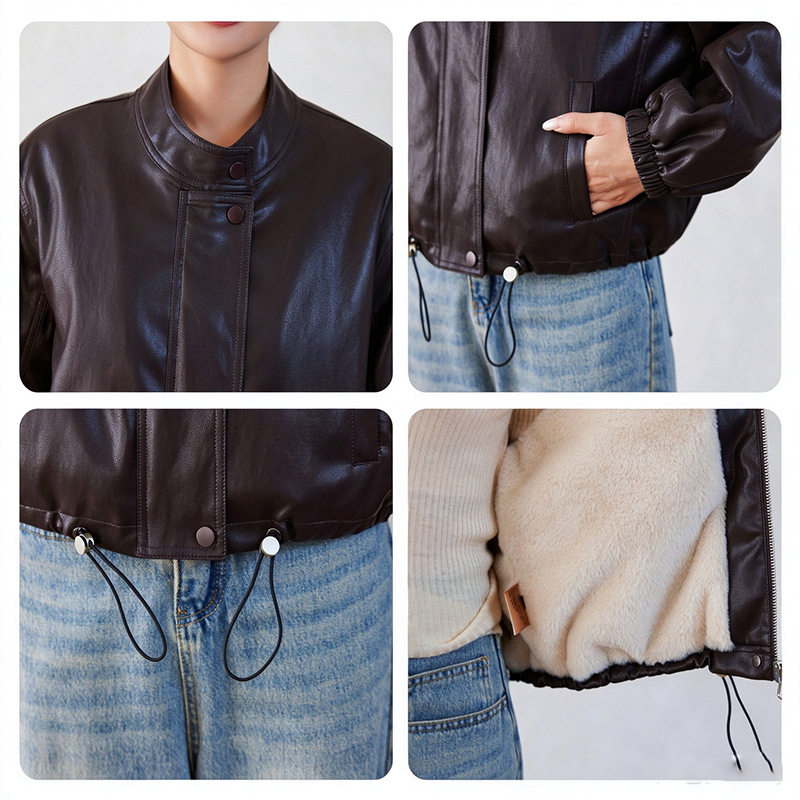 Áo khoác da nữ ngắn cổ đứng lót lông dày dặn — Cà phê đỏ với fleece dày, Màu đen Fleece dày chi tiết 14