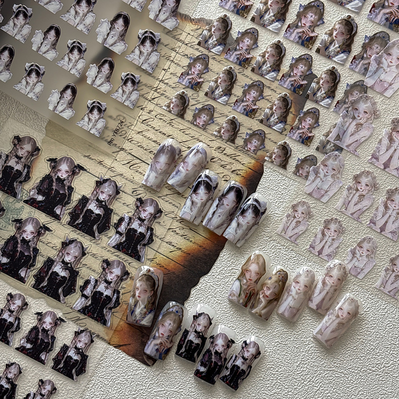 Ant Pattern Nail Art Stickers, Same Style as on Xiaohongshu, Oil Painting Girl Stickers, Vintage Palace High-End Nail Stickers Accessories Yt8721