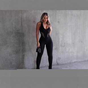 European and American Style Foreign Trade 2024 Summer Women's New Low Collar Tight Sleeveless Neck High Waist Solid Color Yoga Jumpsuit