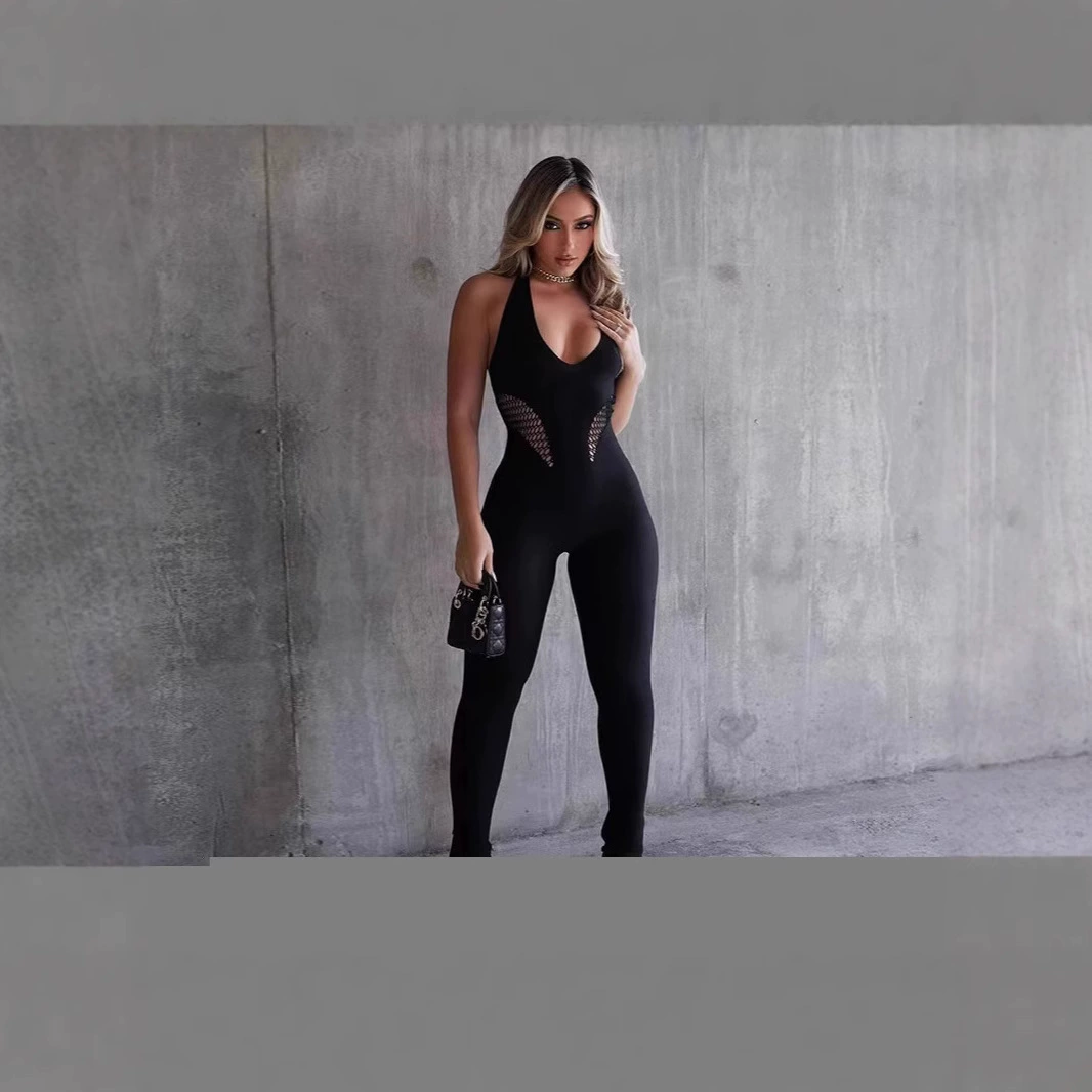 Европейский и американский стиль внешней торговли 2024 летний женский новый низкий воротник обтягивания без рукавов с высокой талией сплошной цвет комбинезон йоги