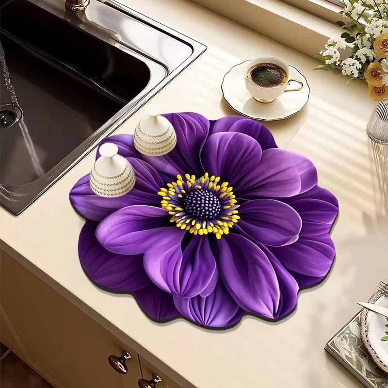 新しい3d花の水たまりの台所のテーブルの食器の乾燥のマットのコースターの吸水のマットは洗濯しないでテーブルのマットを拭くことができます。|undefined