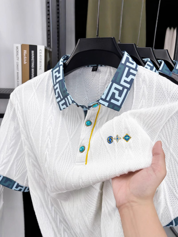 夏の新しいトレンディなジャカード半袖 Tシャツメンズ polo2025 抗シワルーズカジュアルメンズポロシャツドロップシッピング|undefined