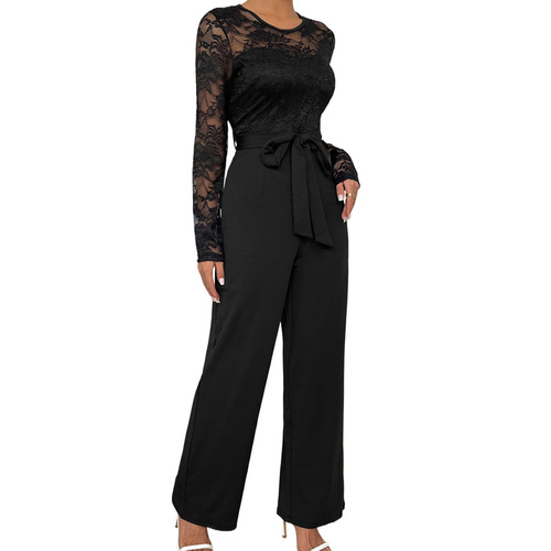 Amazon 2025 New European and American-Style Lace-Mesh Patchwork Zip-Up & Tie-Front Solid-Color Loose Jumpsuit