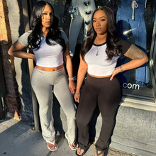 2025新款欧美女装夏撞色短袖t恤长裤休闲两件套