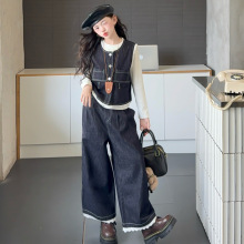 女童小香风蕾丝拼接牛仔马甲套装裤新款休闲显瘦阔腿裤三件套宽松