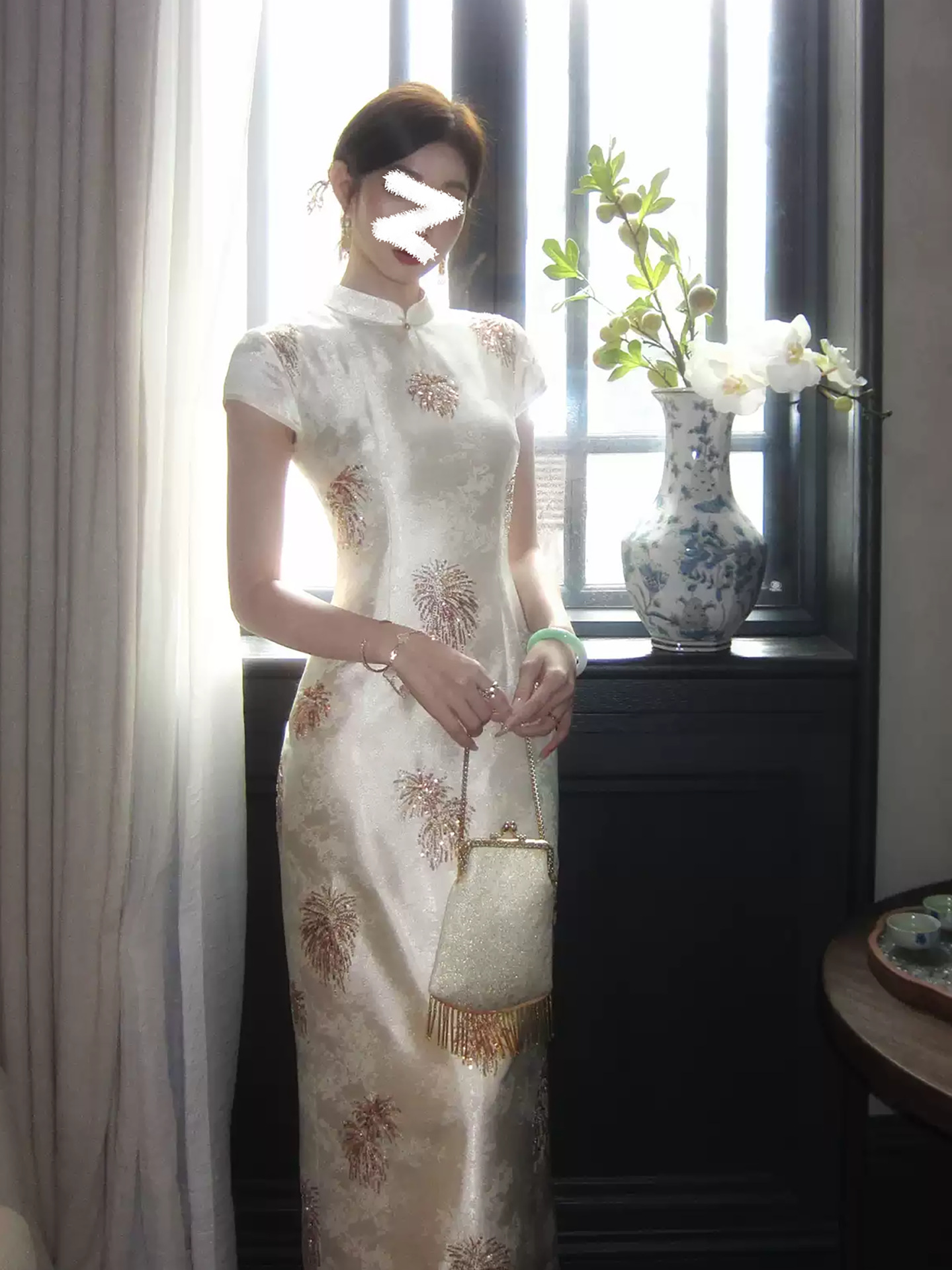 Đầm ôm body nữ kiểu Trung Hoa hiện đại thêu hoa nổi tay ngắn — màu mơ, màu đỏ chi tiết 5