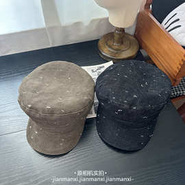 早春新款复古简约混点灯芯绒平顶八角帽显脸小报童帽贝雷帽军帽