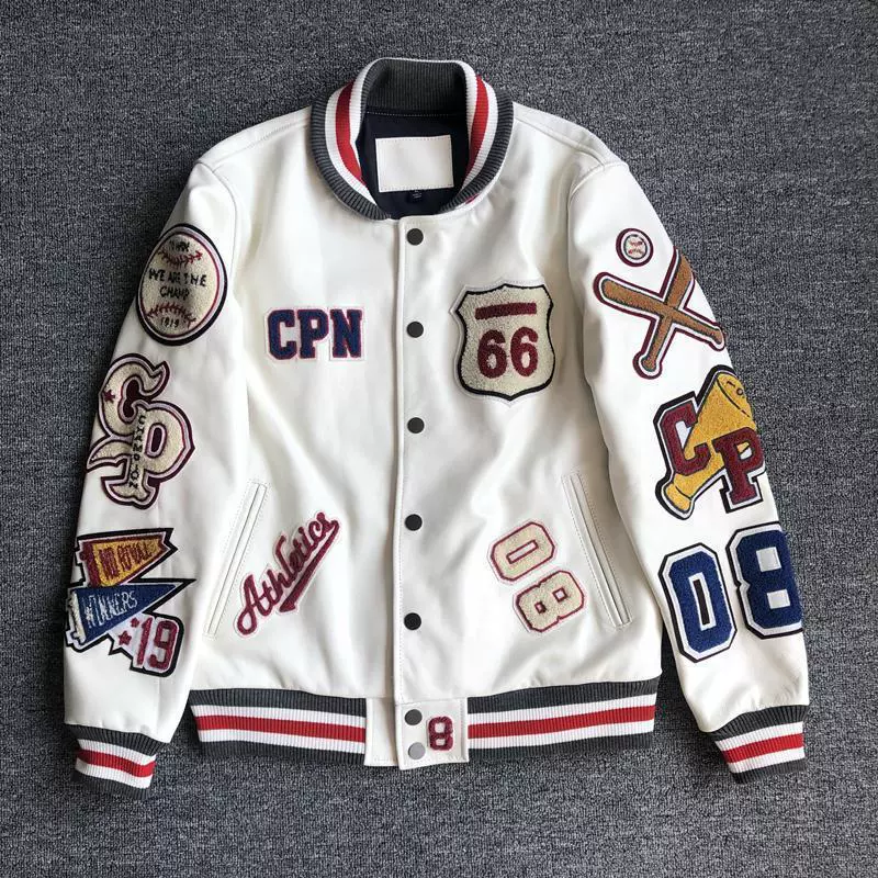 Demi-season baseball uniform, white jacket, genuine leather, with embroidery