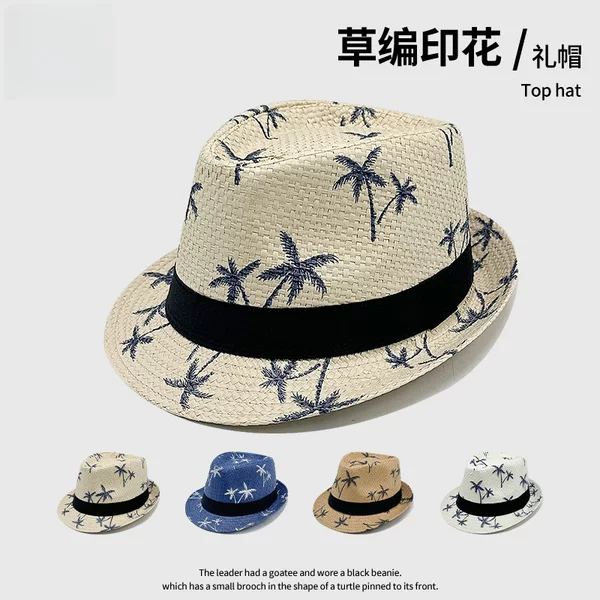 European and American Hot-Selling Men's Small-Brimmed Paper Straw Hat, Summer Straw Sun Hat, Coconut Tree Print Beach Sun Protection Hat