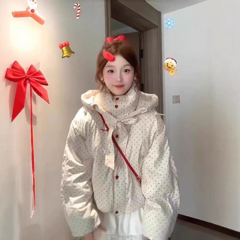 Sweet Polka Dot Short Puffer Jacket, Winter Thickened New Style, Bowknot Hooded Small-Sized Cotton Coat for Women