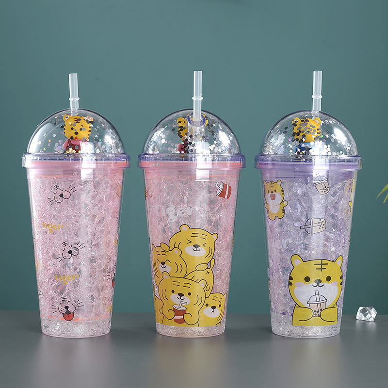 亚马逊爆款双层塑料带灯吸管杯 夏日led发光冰杯网红创意吸管杯