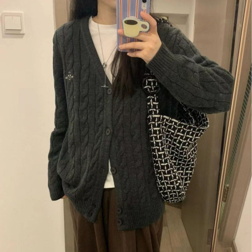 YUNSHU灰柏林 V领毛衣针织开衫女秋冬慵懒风宽松复古麻花毛衣外套