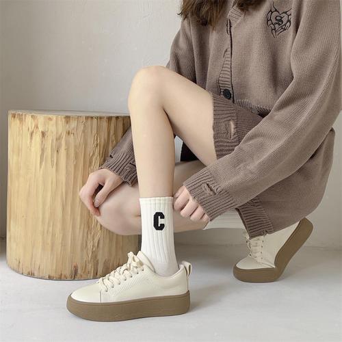 Zhuji Socks Lady Autumn Mid-Calf Socks Versatile Shark Tights Sporty Casual Mid-Calf Socks Milk Tea Color Cotton Socks