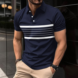 2024 Amazon New Cross-border Men's Fashion Casual Polo Shirt Summer V-neck Button Striped All-match T-shirt