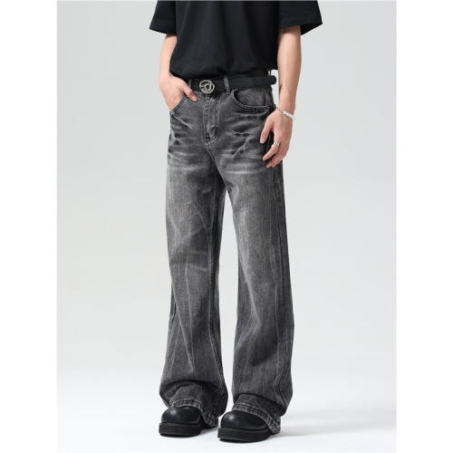 Vintage lightning crack black and gray men's straight-leg slim-fit trousers with American street style vibe