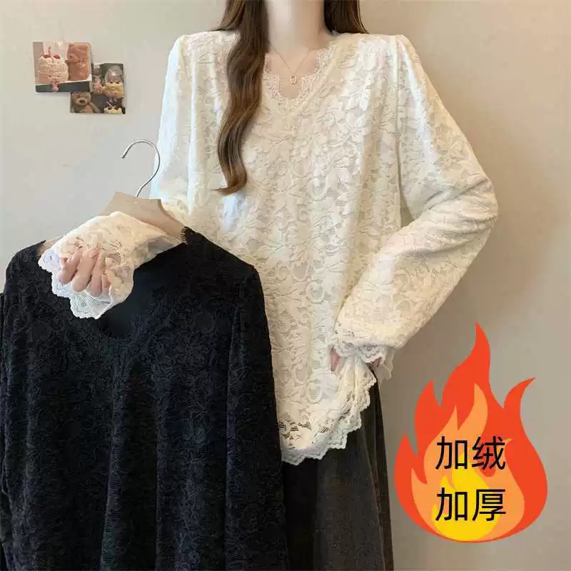 Фото реального образца: новая осенняя коллекция 2025 года — универсальный модный базовый топ большого размера с V-образным вырезом, на флисовой подкладке, с ажурным кружевом, для женщин.