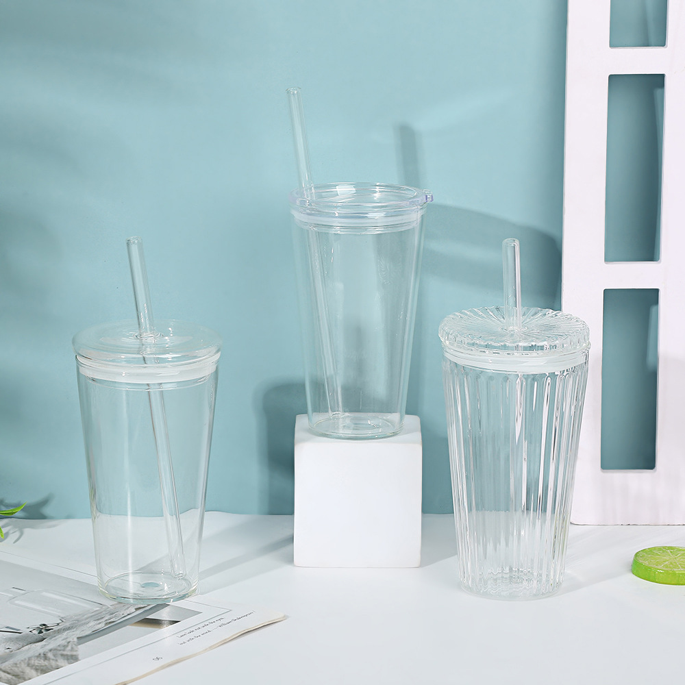 Taza de paja transparente con cubierta alta resistencia al calor taza de vidrio de borosilicato de alta capacidad taza de agua simple taza de oficina taza de té de leche taza de automóvil