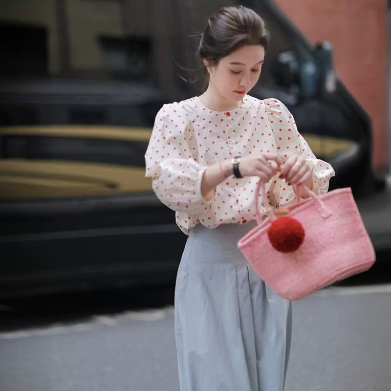 1688 Spring and Summer Red Polka Dot Puff Sleeve Chiffon Shirt Chic and Beautiful Shirt High-End Easiest for Match Women's Top 1688 Spring and Summer Red Polka Dot Puff Sleeve Chiffon Shirt Chic and Beautiful Shirt High-End Easiest for Match Women's Top