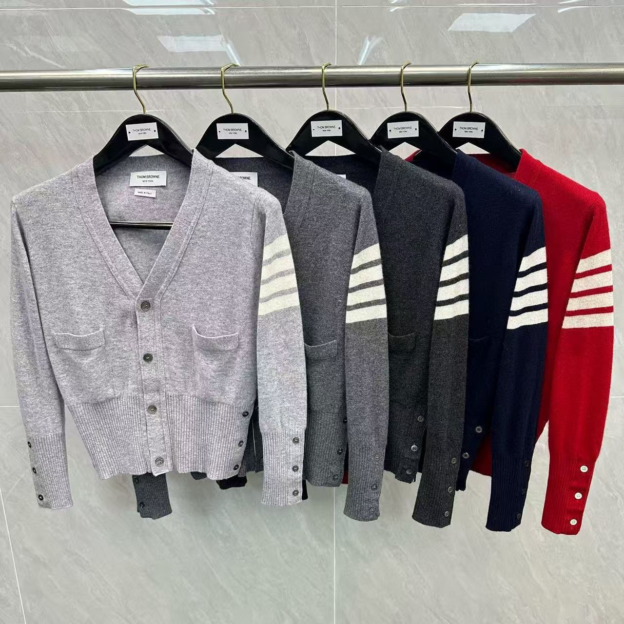 Factory Direct Tb Women's Classic Four-Stripe Pure Wool V-Neck Cardigan Casual Versatile Simple Long-Sleeve Knit Sweater