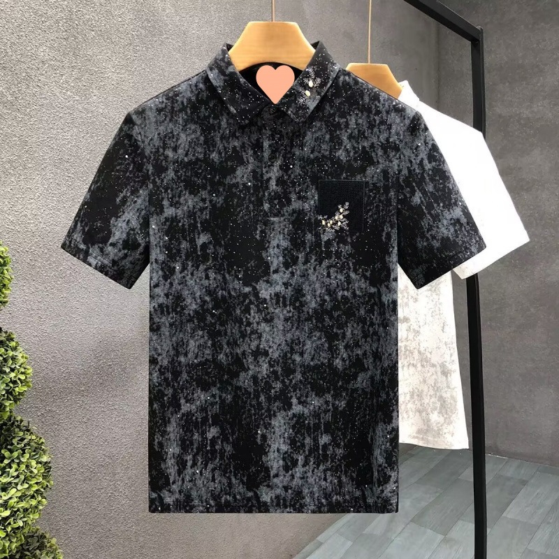 European Polo Shirt with Starry Sky Rhinestone Embroidery, Short-Sleeve Men's Personalized Tie-Dye Fashion Patch Slim-Fit Top