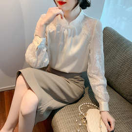 2026春装新款中式立领盘扣醋酸缎面衬衫女蕾丝拼接小衫上衣女装潮