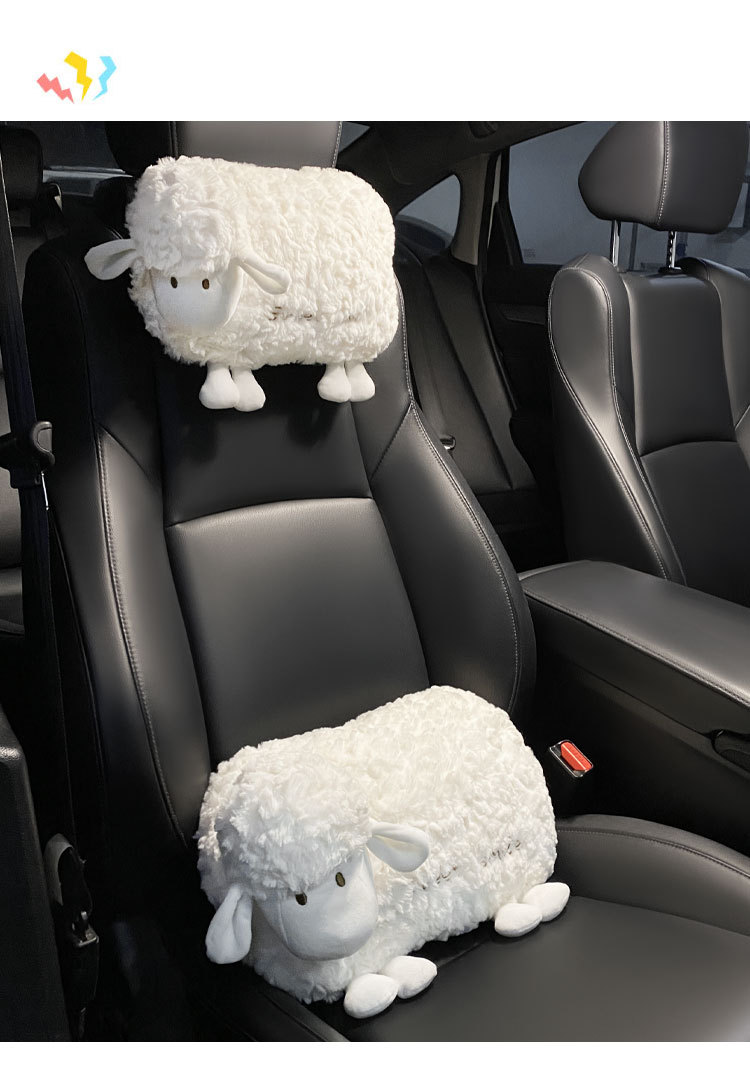 Car Headrest Neck Pillow Creative Cute Little Sheep Car Lumbar Support Cushion Car Seat Cushion Set