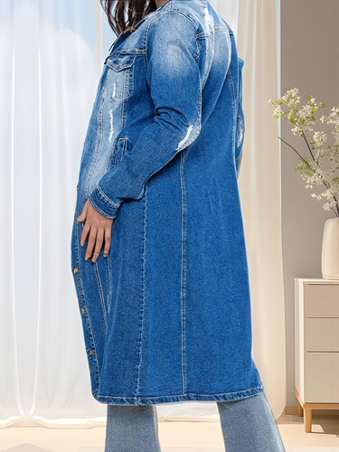 Women's Faux Denim Trench Coat Retro Medium Long Coat